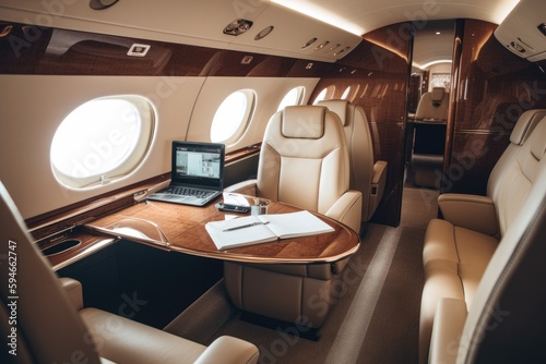 Interior of luxurious private jet with leather seats. Illustration AI Generative
