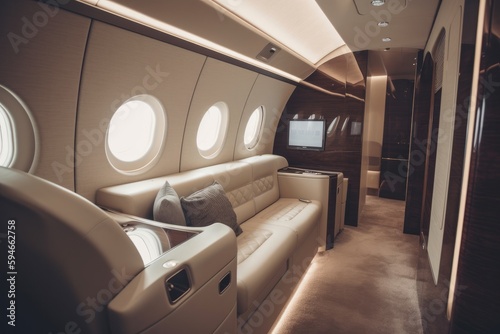 Interior of luxurious private jet with leather seats. Illustration AI Generative © ChaoticMind