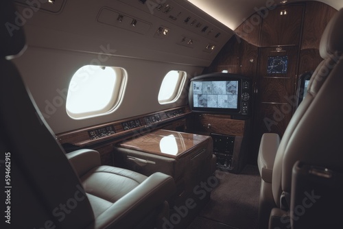 Interior of luxurious private jet with leather seats. Illustration AI Generative © ChaoticMind