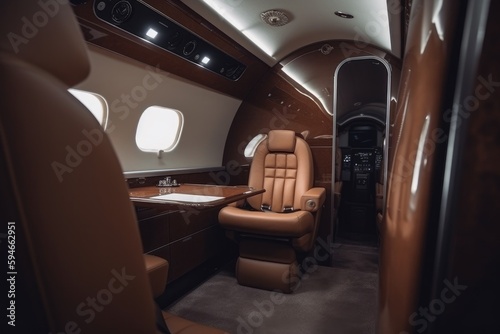 Interior of luxurious private jet with leather seats. Illustration AI Generative © ChaoticMind