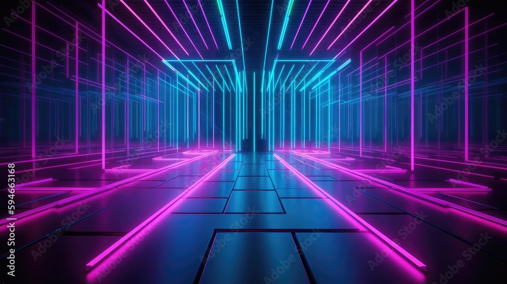 Abstract futuristic neon light background. Stage room with neon led lines illustration. Generative AI