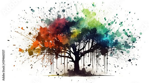 Abstract colorful tree background. Rainbow color paint splashes. Ink art illustration. Generative AI
