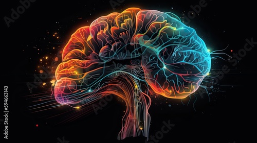 Neon glowing illustration of human brain. Abstract neurology background. Medical digital organ. Generative AI