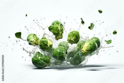 Levitation brussels sprouts with drops of water splash, isolated on white background, organic healthy, flying food, AI generative
