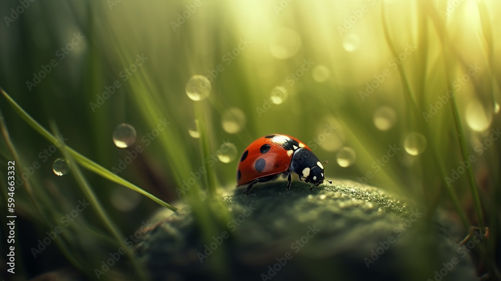 Ladybug in a green grass. Morning dew and lady bug. Close up red beetle insect. Generative AI Ladybug in a green grass. Morning dew and lady bug. Close up red beetle insect. Generative AI