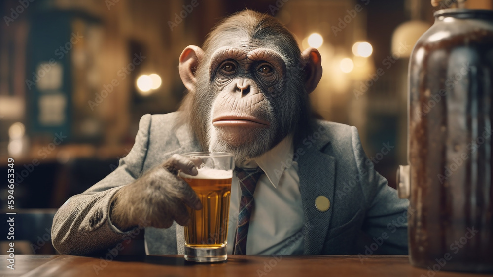 Businessman with monkey head drinking beer in a pub. Boss chimpanzee in a suit business concept illustration. Generative AI