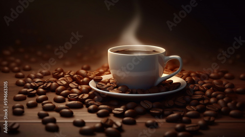 Hot coffee cup with roasted beans background. Coffee grains illustration. Generative AI photo