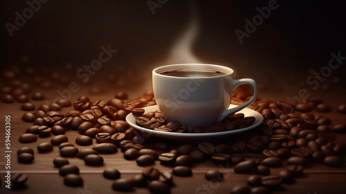 Hot coffee cup with roasted beans background. Coffee grains illustration. Generative AI