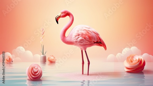 Beautiful flamingo in floral summer background. Illustration with tropical flowers. Generative AI photo