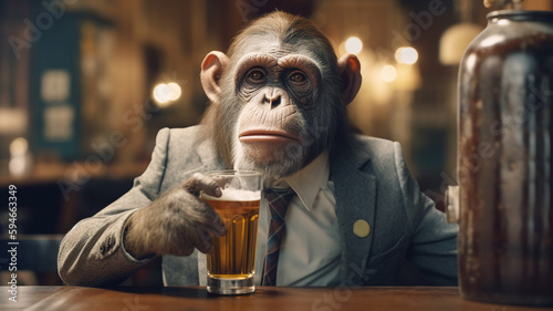 Businessman with monkey head drinking beer in a pub. Boss chimpanzee in a suit business concept illustration. Generative AI © tanyastock