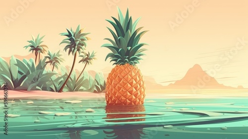 Pineapple on the beach illustration. Summer fruit background. Sweet pineapple on the coast. Generative AI