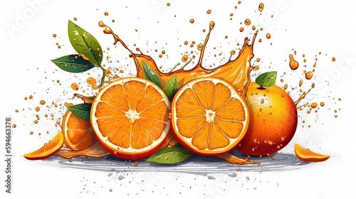Orange fruits in juice splash flow. Illustration of juicy product with orange slices. Natural fresh food. Generative AI