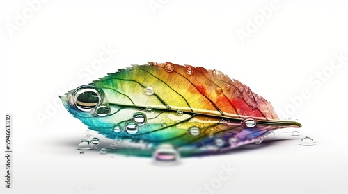 Rainbow color leaf illustration. Ecology concept leaf icon with dew water drops. Generative AI © tanyastock