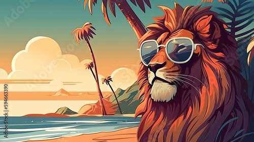 Cartoon lion with sunglasses. Cute mammal illustration. Animal with soft fur on the beach. Generative AI photo