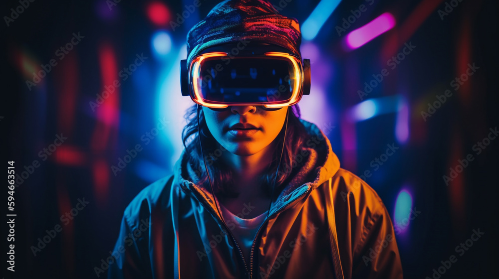 Woman adjusting the VR headset. Modern neon light background. Futuristic design. Generative AI