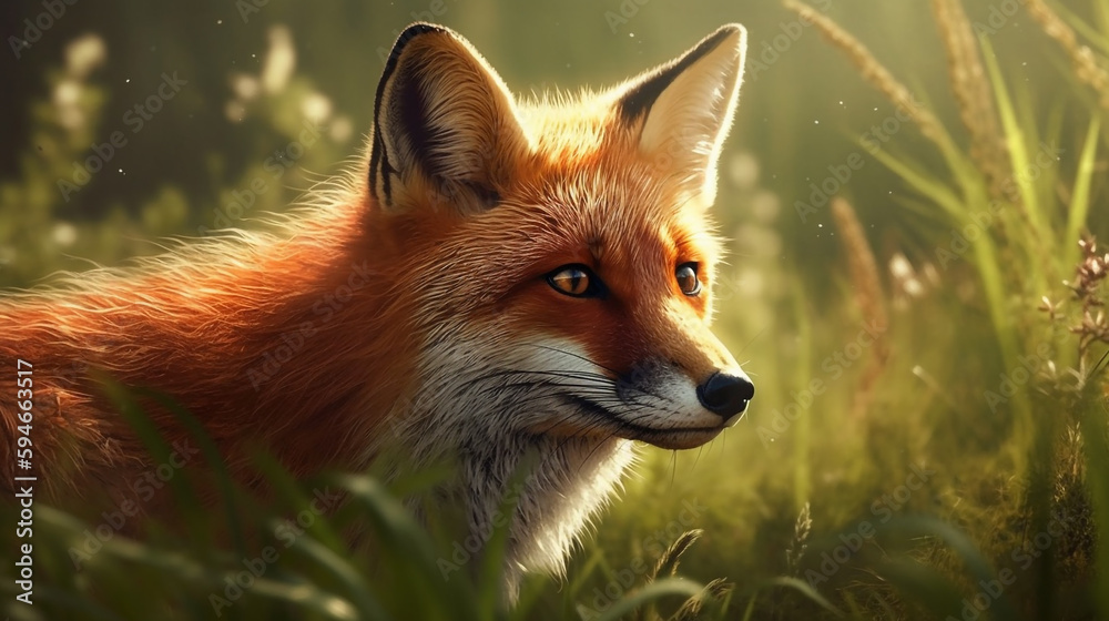 Fototapeta premium Red fox animal in green grass. Outdoor omnivorous mammal in wildlife. Animal in the field. Generative AI