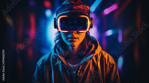 Woman adjusting the VR headset. Modern neon light background. Futuristic design. Generative AI