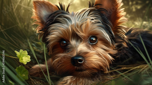 Yorkshire terrier in the park. Small York dog on green grass background. Generative AI