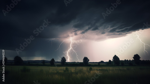A dramatic shot of a stormy sky with lightning bolts in the distance.