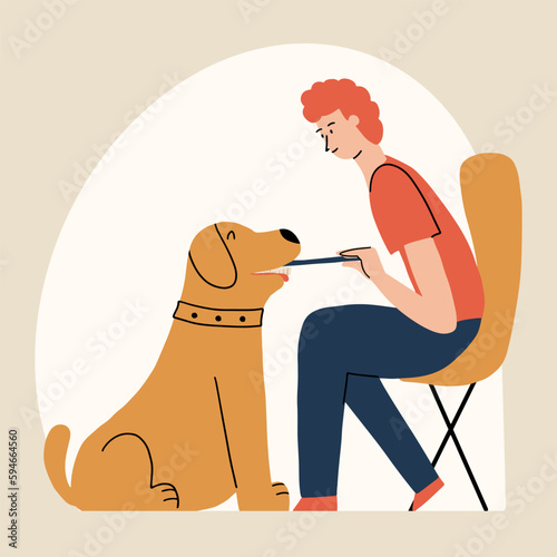 The owner brushes his dog's teeth. Pet oral hygiene. Vector illustration in hand draw style