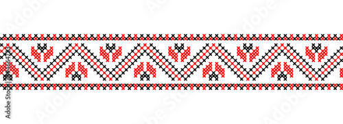 Ukrainian folk, ethnic pattern. Vector ornament, seamless border. Ukrainian folk, ethnic geometric embroidery. Pattern in red and black colors. Pixel art, vyshyvanka, cross stitch