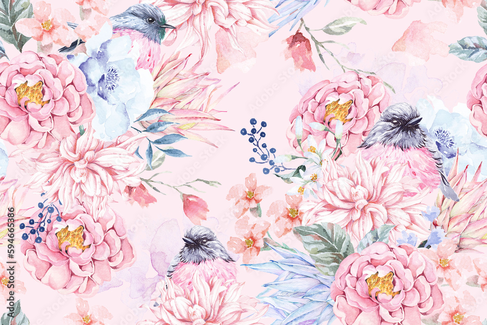 Seamless pattern of rose,bird and Blooming flowers with watercolor on pastel background.Designed for fabric luxurious and wallpaper, vintage style.Floral pattern illustration.Botany garden.