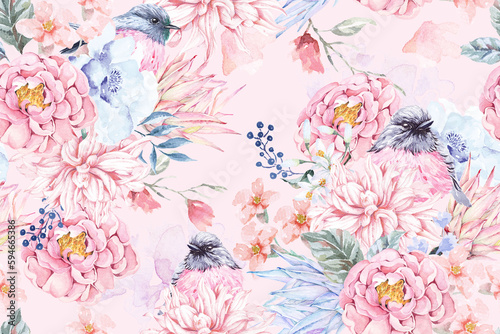 Seamless pattern of rose bird and Blooming flowers with watercolor on pastel background.Designed for fabric luxurious and wallpaper  vintage style.Floral pattern illustration.Botany garden.