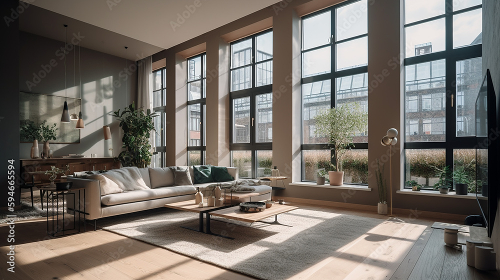 A apartment of a beautiful bright modern Scandinavian style house with large windows opening, generative AI A apartment of a beautiful bright modern Scandinavian style house with large windows opening, generative AI