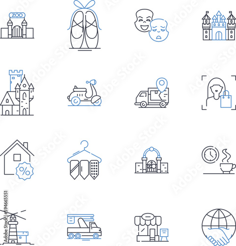 Retail park line icons collection. Megastore, Outlets, Warehouse, Convenience, Retail, Supermarket, Shopping vector and linear illustration. Selection,Recreation,Amusement outline signs set