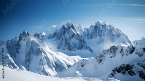 A stunning landscape shot of a rocky mountain range against a deep blue sky.
