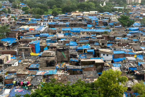 Aerial view of a cluster of slums in a neighbourhood in the suburb of Kandivali in the city of Mumbai.