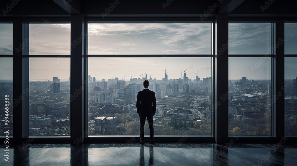 Un homme d'affaires regarde la ville depuis son bureau en étage élevé 