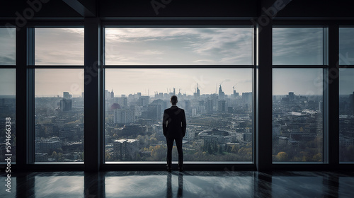 Un homme d'affaires regarde la ville depuis son bureau en étage élevé 