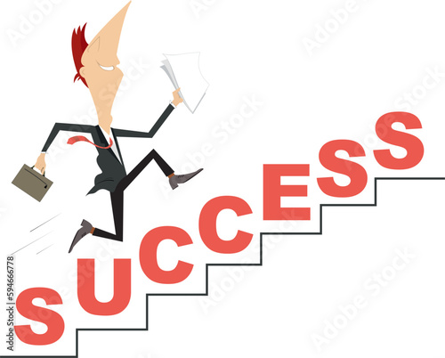 Success in business concept. 
Businessman with papers running up to success. Word – success
