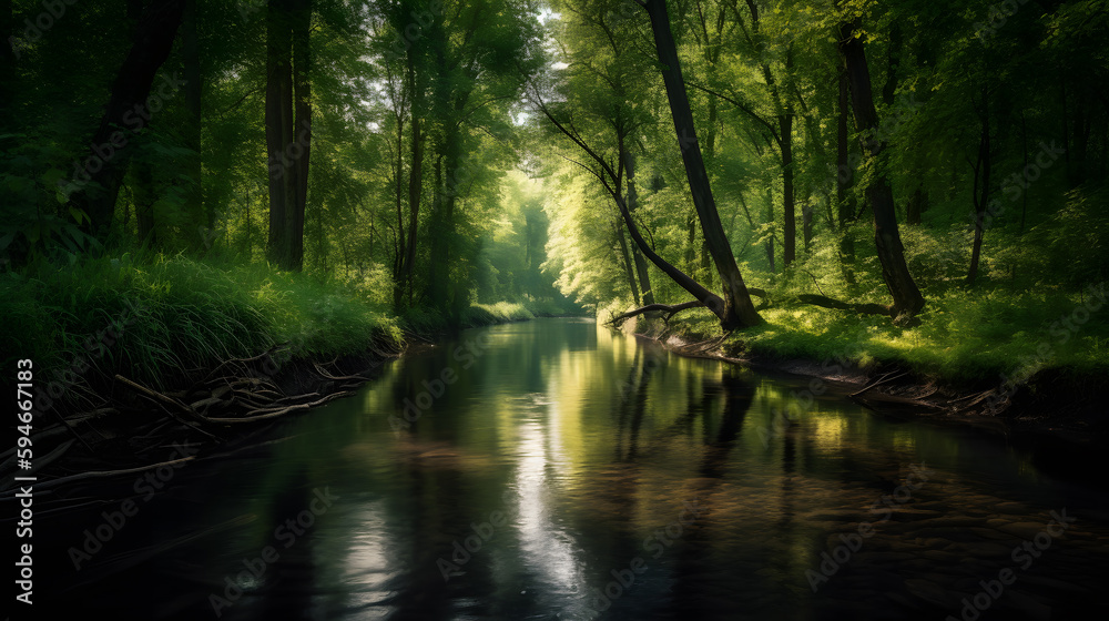 A serene and tranquil shot of a calm river flowing through a green forest. A serene and tranquil shot of a calm river flowing through a green forest.