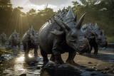 Dinosaurs Triceratops Crossing River In Herd. Generative AI