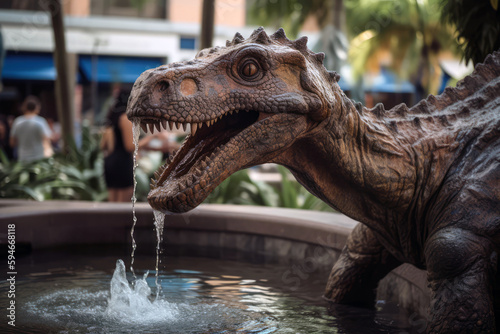 Corythosaurus Drinking Dinosaur From Modernday Fountain. Generative AI
