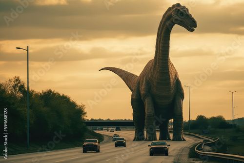 Brachiosaurus Dinosaur Towering Over Highway. Generative AI