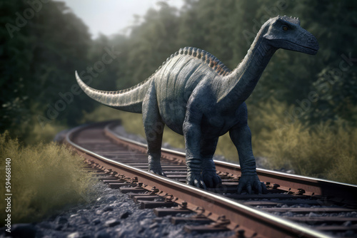 Diplodocus Dinosaur Crossing Railroad Track. Generative AI © Anastasiia