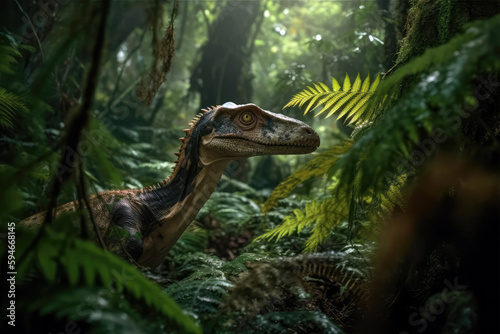 Deinonychus Hiding Dinosaur In Dense Forest. Generative AI © Anastasiia