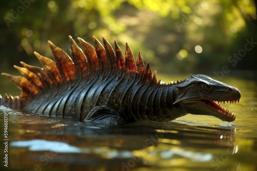 Spinosaurus Swimming Dinosaur In Modernday River. Generative AI © Anastasiia