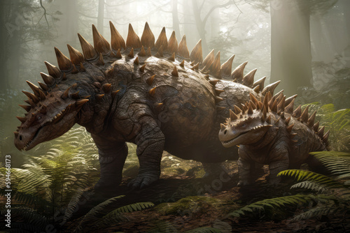 Stegosaurus Dinosaur Defending Its Territory Against Predator. Generative AI