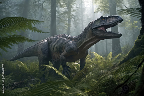 Dinosaur Allosaurus Lurking In Dense Forest. Generative AI © Anastasiia
