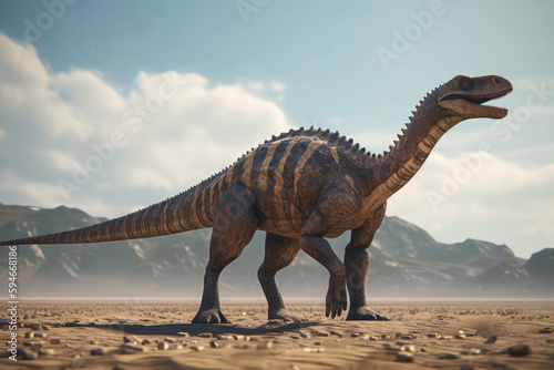 Plateosaurus Dinosaur Walking Through Barren Desert. Generative AI