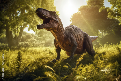 Tyrannosaurus Rex Basking In The Sun In Clearing. Generative AI © Anastasiia