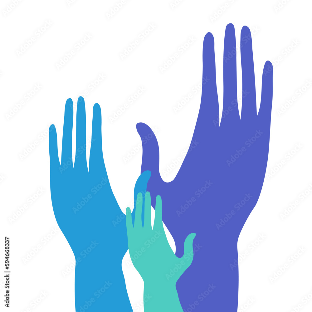 Fototapeta premium Female, male, children's hand. Mother, father and child. Family concept. Illustration for the day of the month of the family, family psychology, healthy family relationships. Flat vector illustration