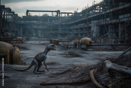 Dilophosaurus Hiding Dinosaur In Deserted Industrial Site. Generative AI