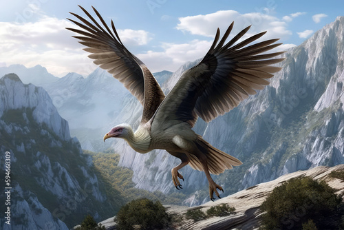 Dinosaur Archaeopteryx Flying Over Mountain Range. Generative AI © Anastasiia