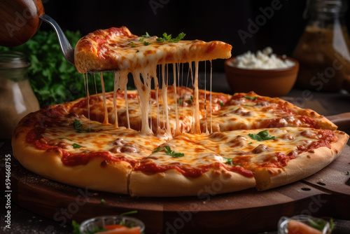 Hot pizza slice big cheese lunch or dinner crust meat topping sauce. Shovel with a slice of delicious fast food italian traditional italian table on wooden board side view. Generated Ai
