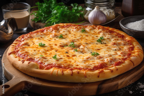 Hot pizza cheese lunch or dinner crust meat topping sauce. Delicious fast food italian traditional italian table on wooden board classic side view. Generated Ai